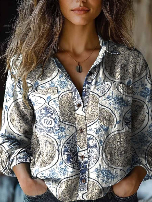 Women's fashion vintage ethnic pattern print long sleeve shirt