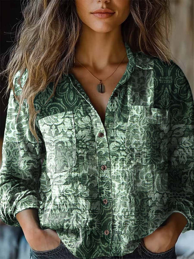 Women's fashionable and versatile long-sleeved shirt with botanical floral print