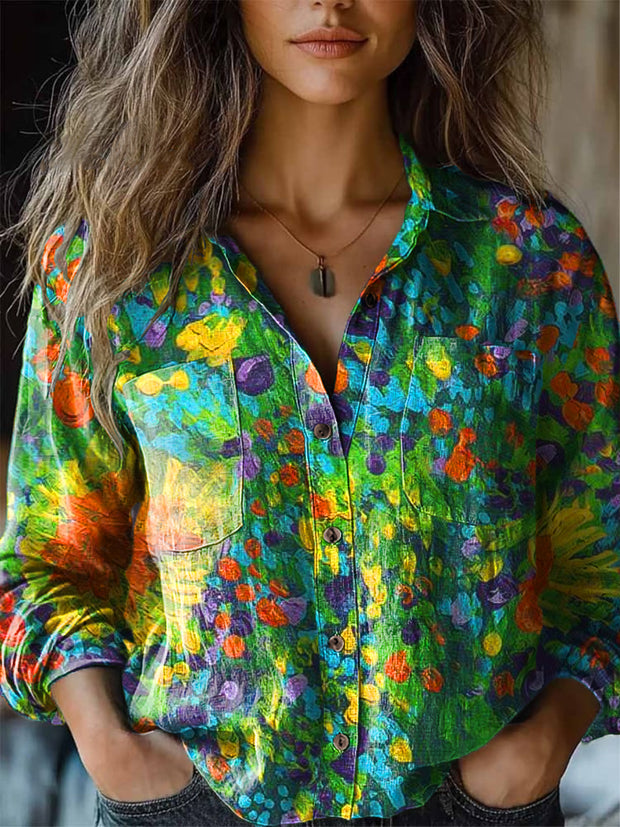 Women's Vintage Abstract Multicolor Oil Painting Art Print Lapel Long Sleeve Shirt