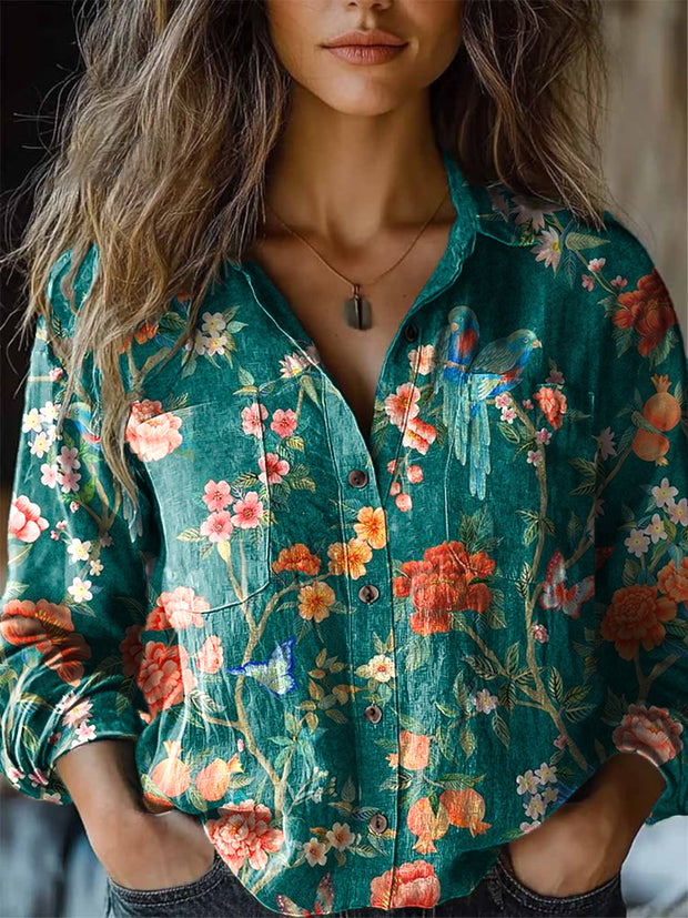 Women's Vintage Romantic Bird & Floral Art Print Lapel Long Sleeve Shirt