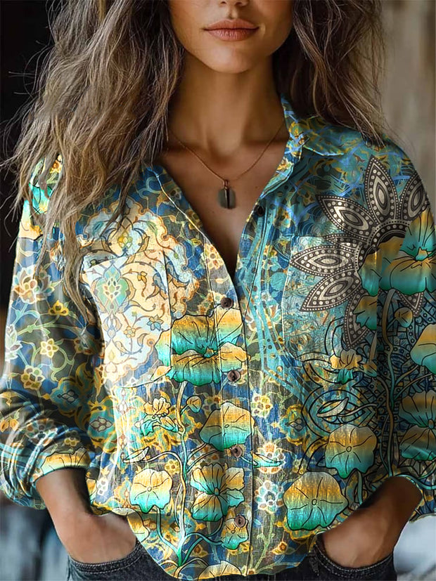 Women's Vintage Abstract Mandala Floral Art Print Lapel Long Sleeve Shirt