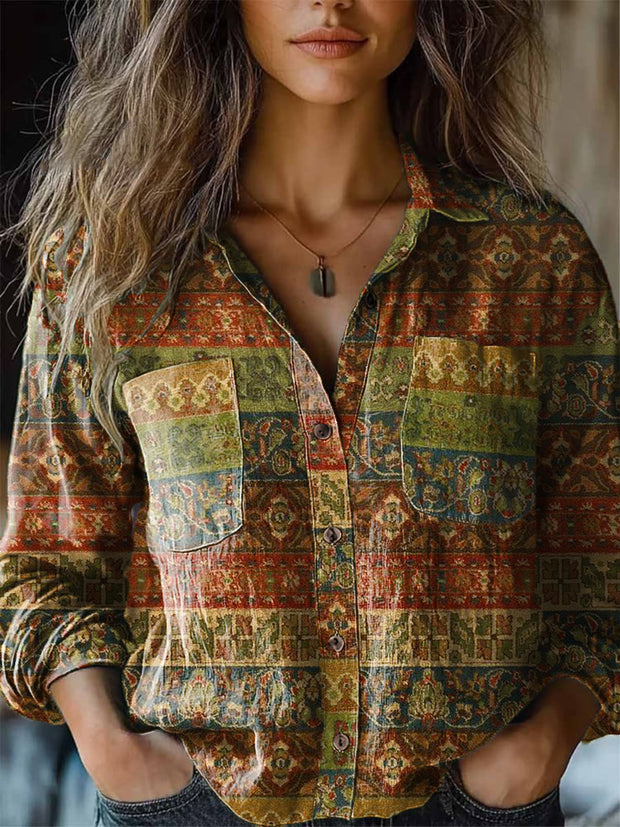 Women's Vintage Ethnic Style Striped Art Printed Lapel Long Sleeve Shirt