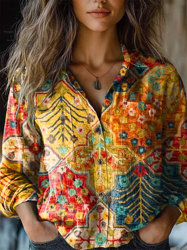 Women's Vintage Colorful Ethnic Floral Art Print Lapel Long Sleeve Shirt