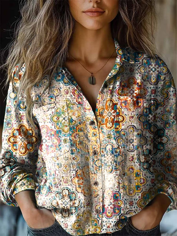 Women's Retro Ethnic Geometric Floral Art Print Lapel Long Sleeve Shirt