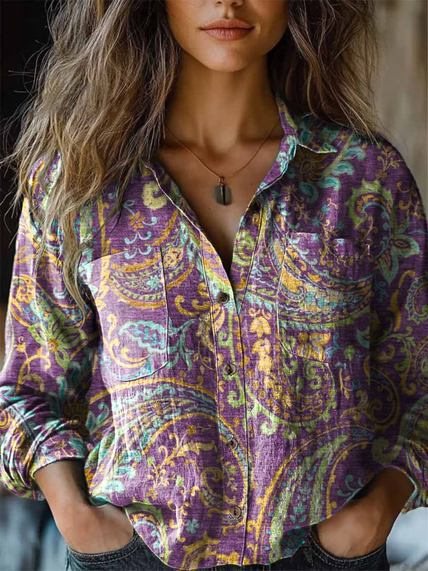 Women's Vintage Multicolor Cashew Flower Art Print Lapel Long Sleeve Shirt