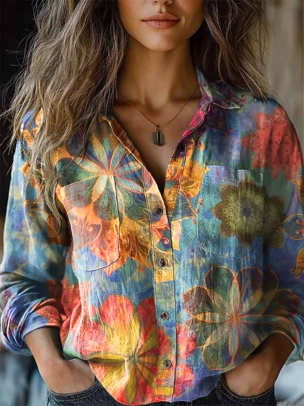 Women's Vintage Colorful Irregular Mandala Art Print Lapel Long Sleeve Shirt