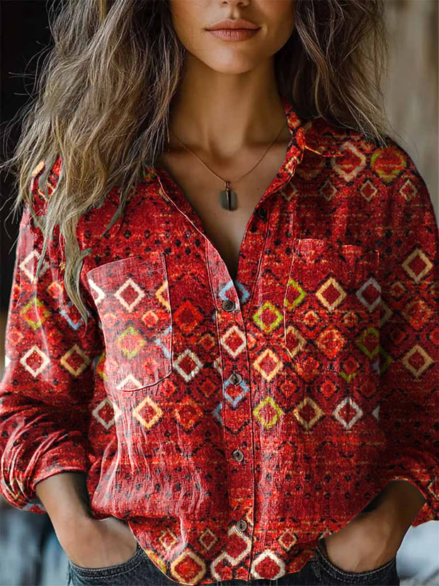 Women's Retro Ethnic Geometric Line Art Print Lapel Long Sleeve Shirt