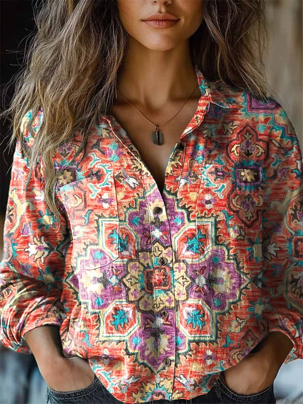 Women's Vintage Colorful Mandala Art Print Lapel Long Sleeve Shirt