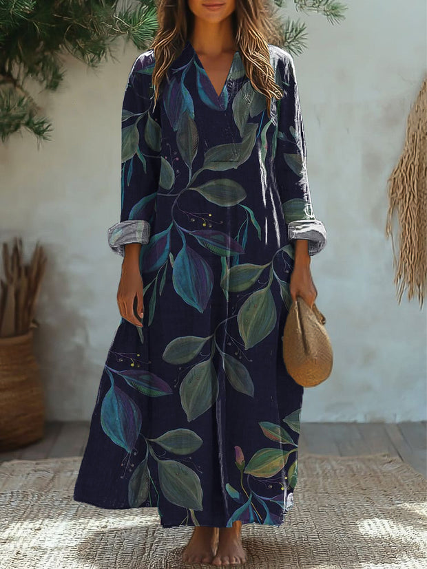 Women's Vintage Abstract Leaf Art Print V-Neck Long Sleeve Pocket Long Dresses