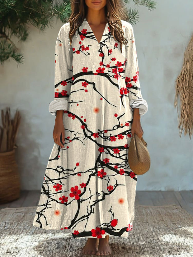 Women's Vintage Plum Art Print V-Neck Long Sleeve Pocket Long Dresses