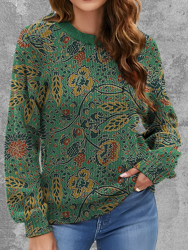 Womens' Ethnic Style Floral Art Printed Round Neck Comfortable Sweater