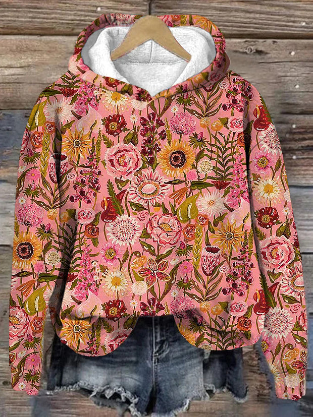 Womens' Abstract Vintage Flowers Print Hooded Long Sleeved Sweatshirt