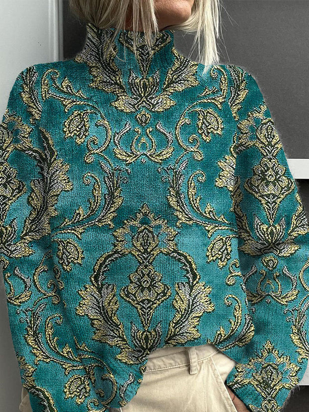 Woman's Retro Court Pattern Style Print Knit Turtleneck Pullover Sweater