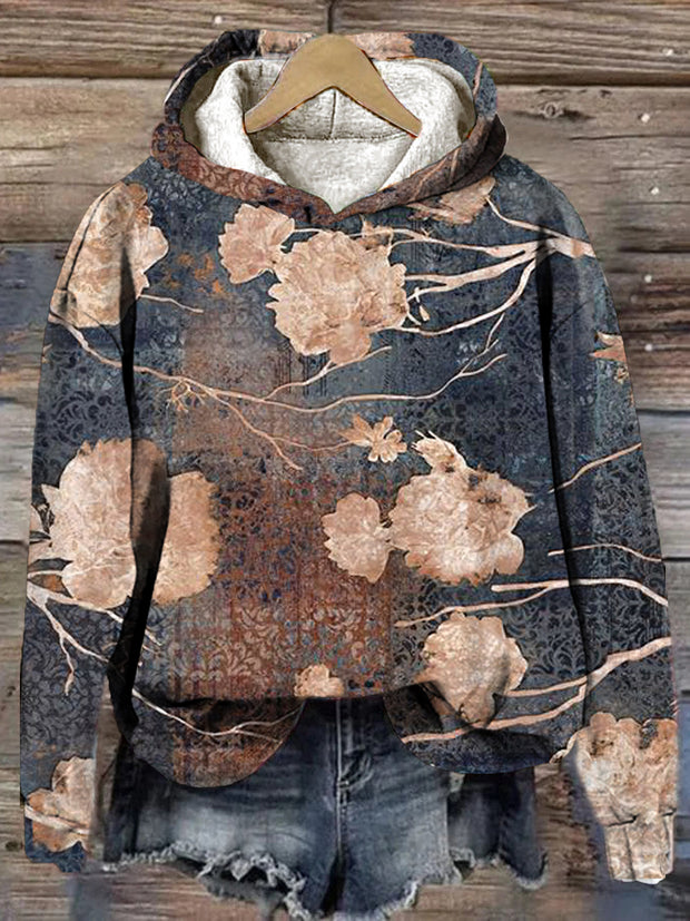 Womens' Abstract Vintage Flowers Print Hooded Long Sleeved Sweatshirt