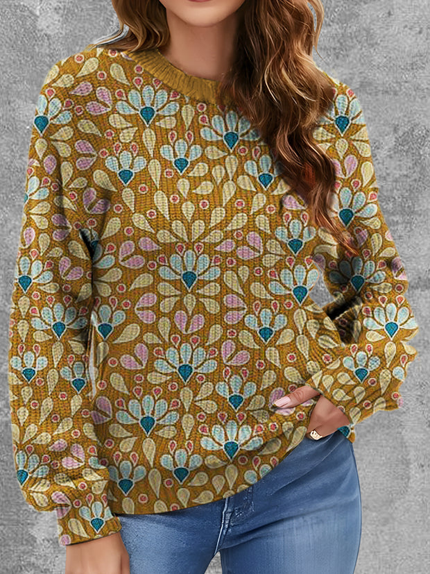 Womens' Elegant Floral Art Printed Round Neck Comfortable Sweater