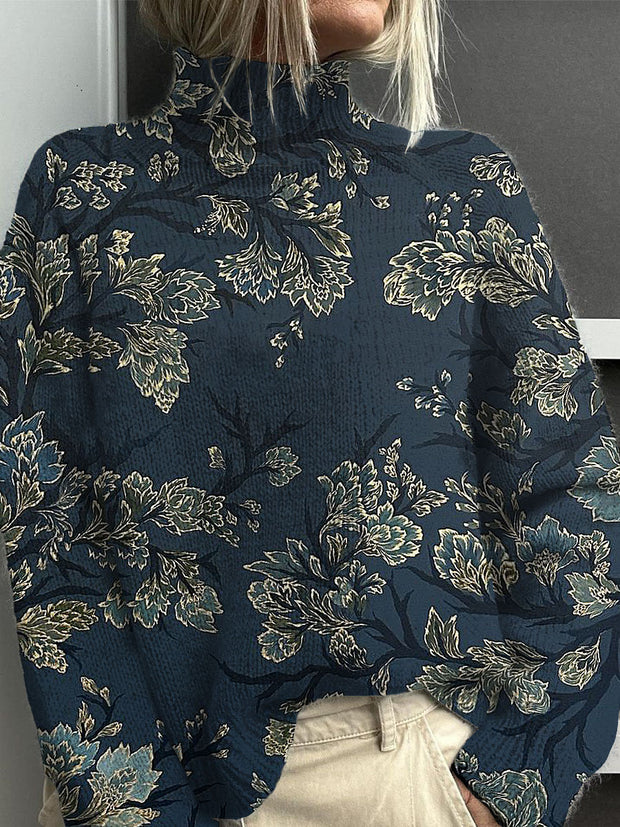 Woman's Retro Flower Style Print Knit Turtleneck Pullover Sweater