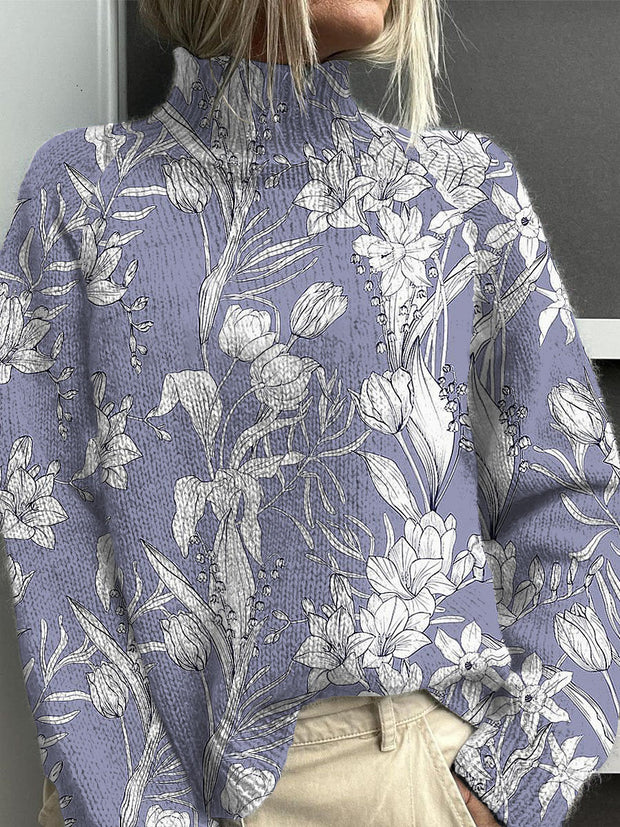 Woman's Lily Pattern Style Print Knit Turtleneck Pullover Sweater