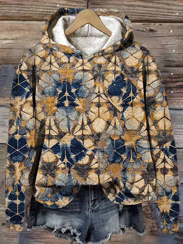 Womens' Abstract Vintage Flowers Print Hooded Long Sleeved Sweatshirt