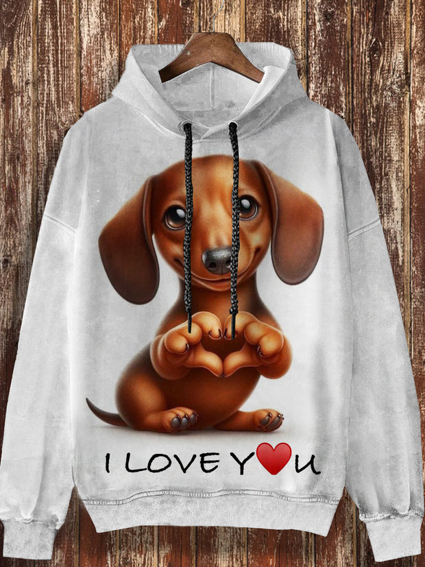 Unisex Cute Puppy Print Casual Fashion Long Sleeved Hooded Sweatshirt