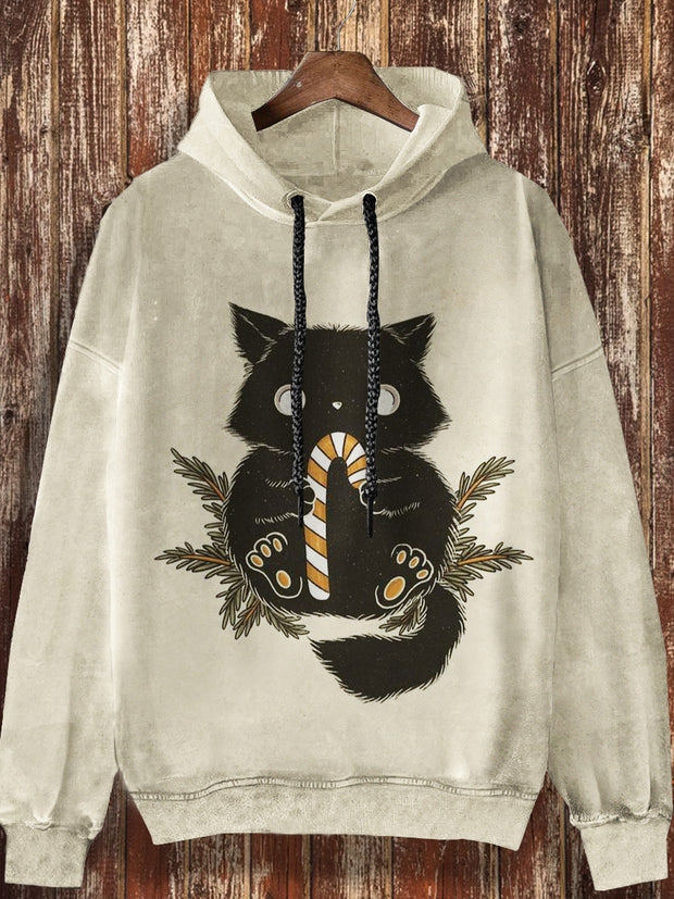 Unisex Christmas Cat Print Casual Fashion Long Sleeved Hooded Sweatshirt