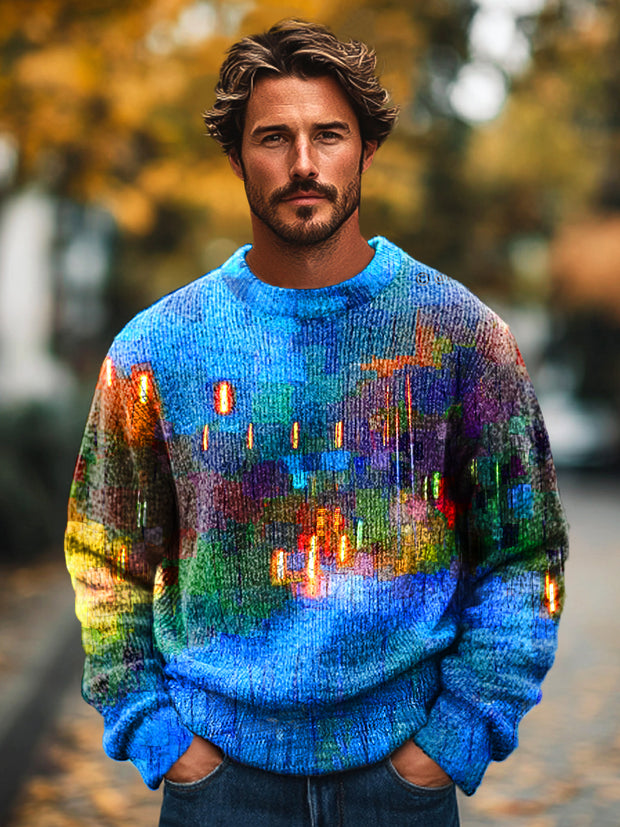 Gentleman Vintage Colorful Geometric Watercolor Art Print Knit Crew Neck Pullover