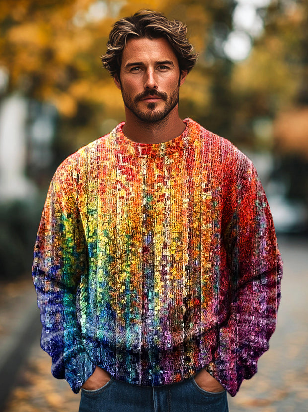 Gentleman Vintage Rainbow Gradient Art Print Knit Crew Neck Pullover Shirt