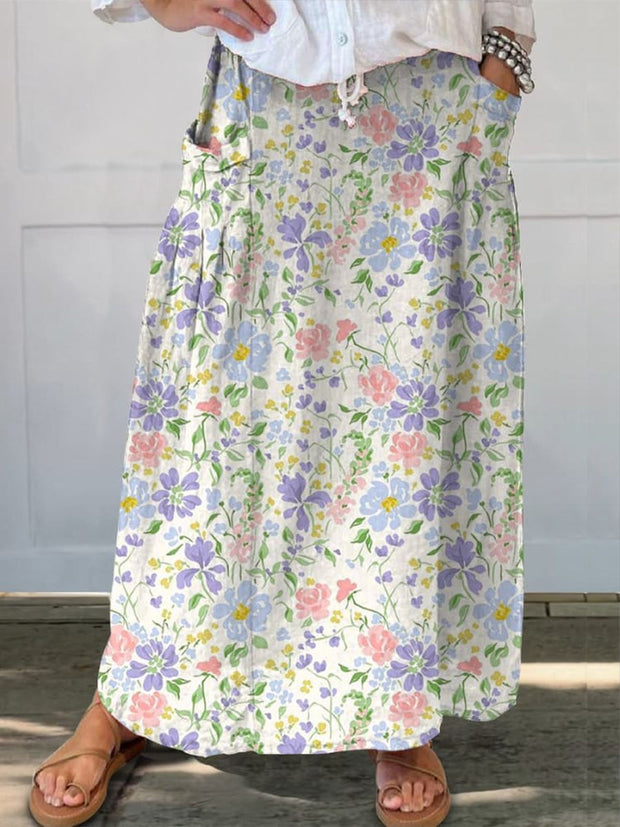 Sweet Watercolor Garden Floral Pattern Printed Women's Linen Pocket Skirt