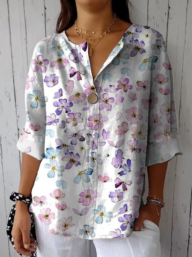 Watercolor Small Floral Pattern Printed Women's Casual Cotton Linen Shirt