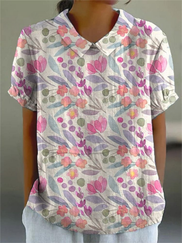 Watercolor Spring Garden Floral Repeat Pattern Printed Women's Casual Cotton And Linen Shirt