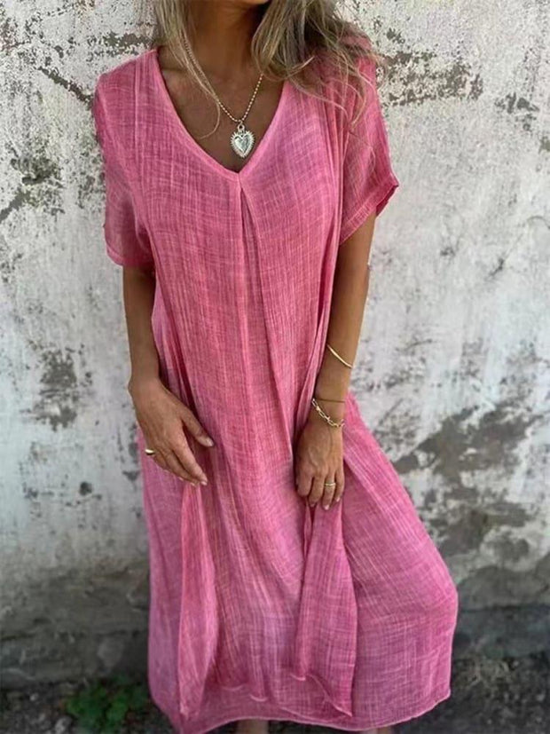 Stylish Cotton and Linen V-neck Dress