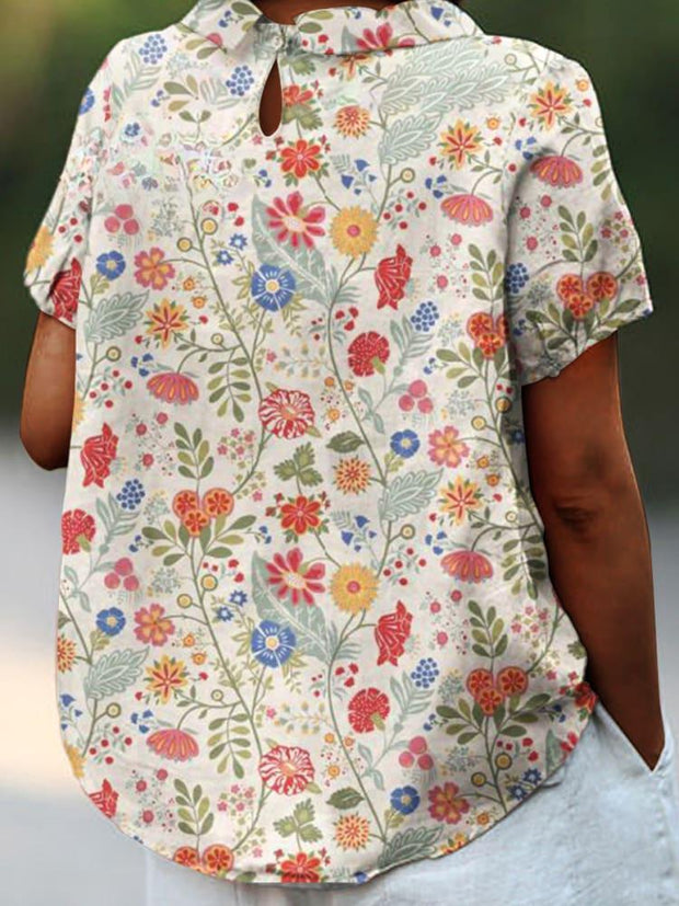 Women's Pastoral Floral Art Print Casual Cotton And Linen Shirt