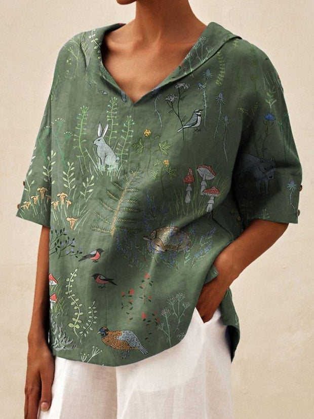 Woodland And Animal Pattern Printed Women's Casual Linen V-neck Shirt